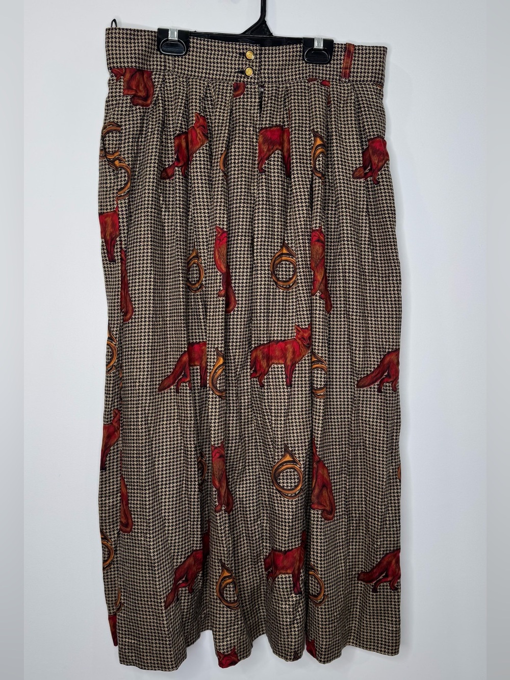 Vintage Fox Print Houndstooth twee Midi Skirt Equestrian Academia sz 14 - Picture 2 of 8